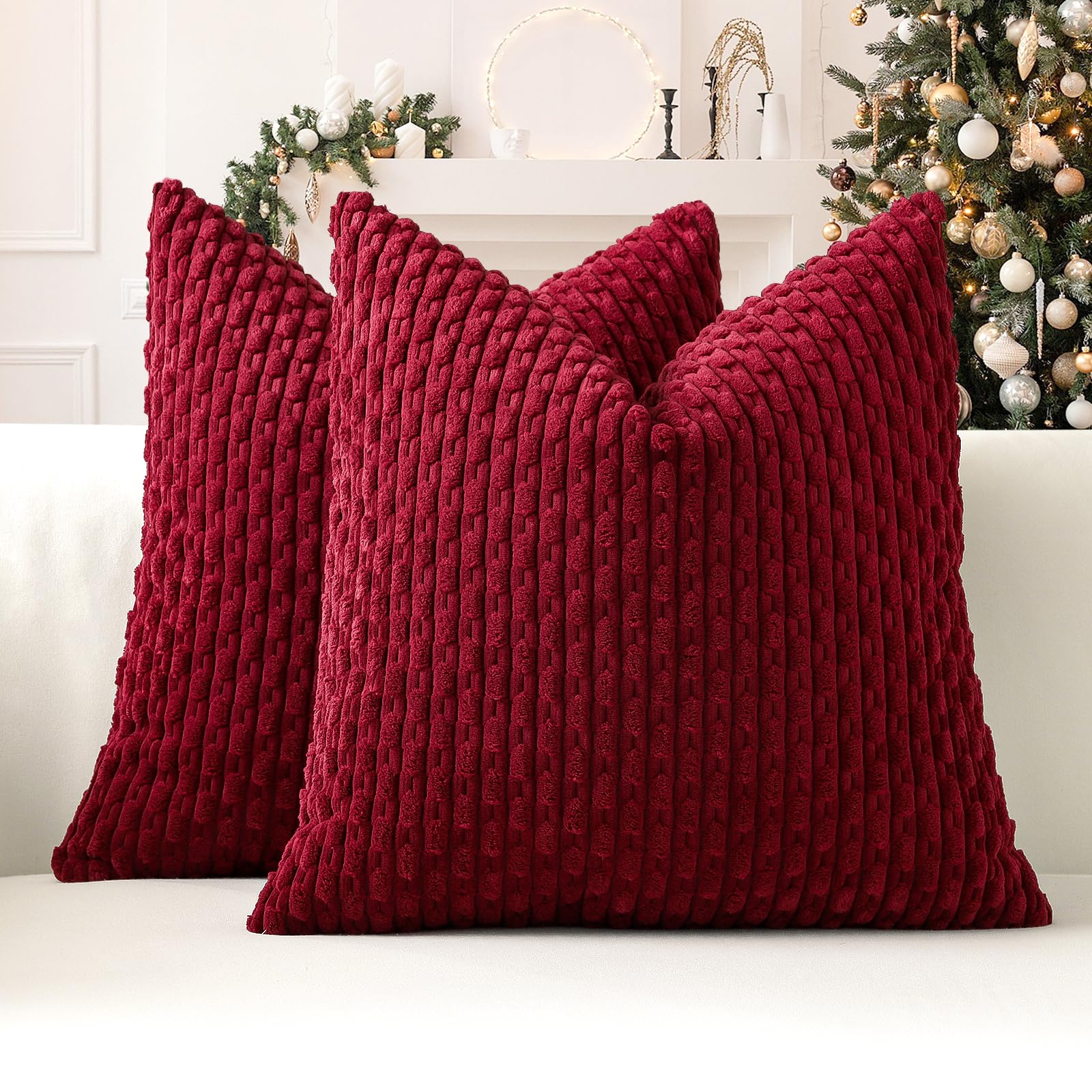 Sungeek Set of 2 Wine Red Soft Corduroy Decorative Cushion Covers Boho Striped Throw Pillow Covers for Sofa Couch Living Room Patio Farmhouse Home Decor Pillowcases 45x45cm