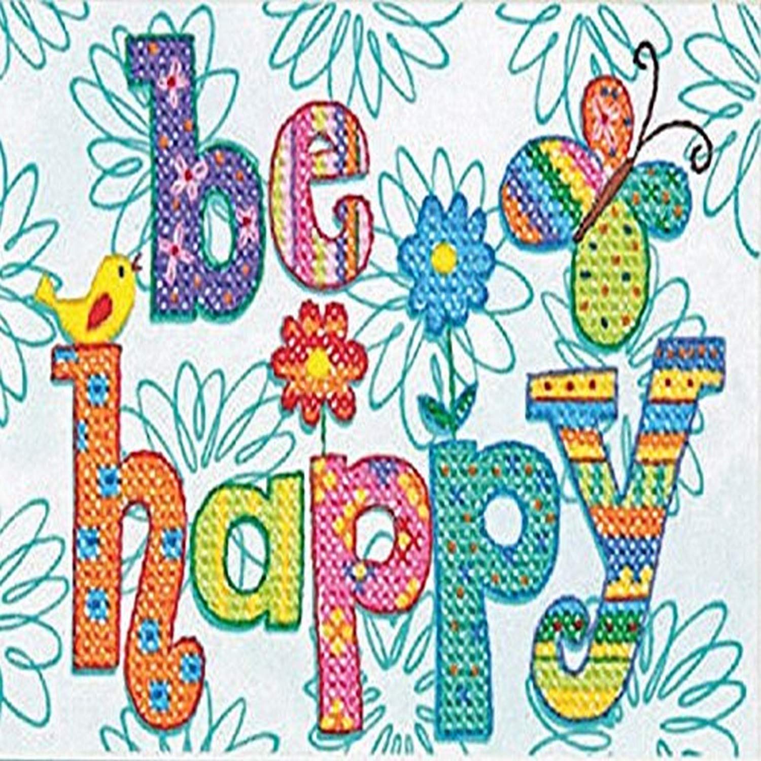 Dimensions BE Happy, Fabric Cotton, White, 7 x 5 (17 x 12 cm)