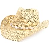 Straw Cowboy Hats for Women Sparkly Western Cowgirl Hat for Holiday Party Foldable Vacation Beach Sun Hat with Wide Brim