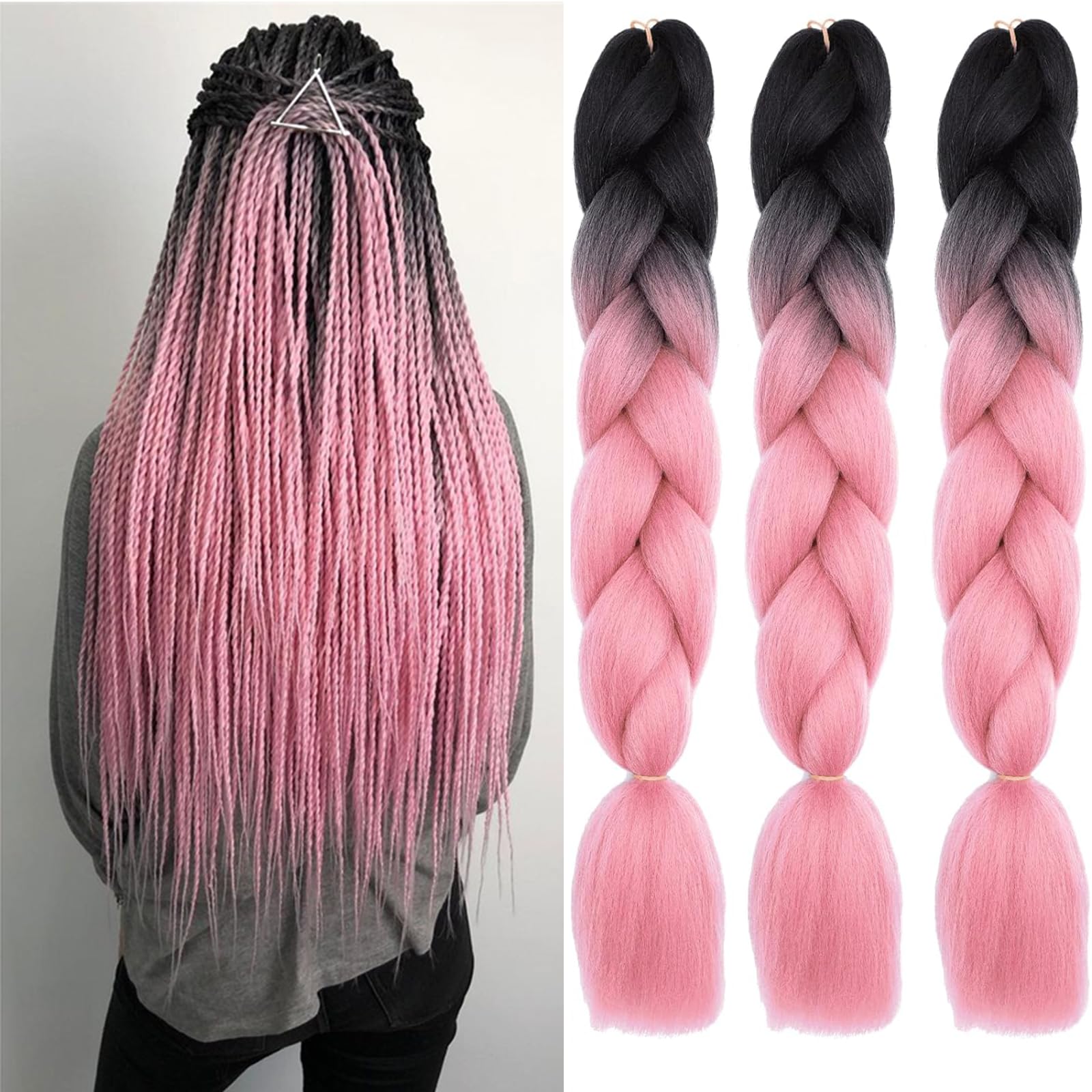 Xtrend 24 Inch 3 Packs Ombre Jumbo Braiding Hair Synthetic Ombre Braiding Hair High Temperature Synthetic Crochet Braids Hair Extensions for Women(3Packs,Black/Orange Pink#) — image 1