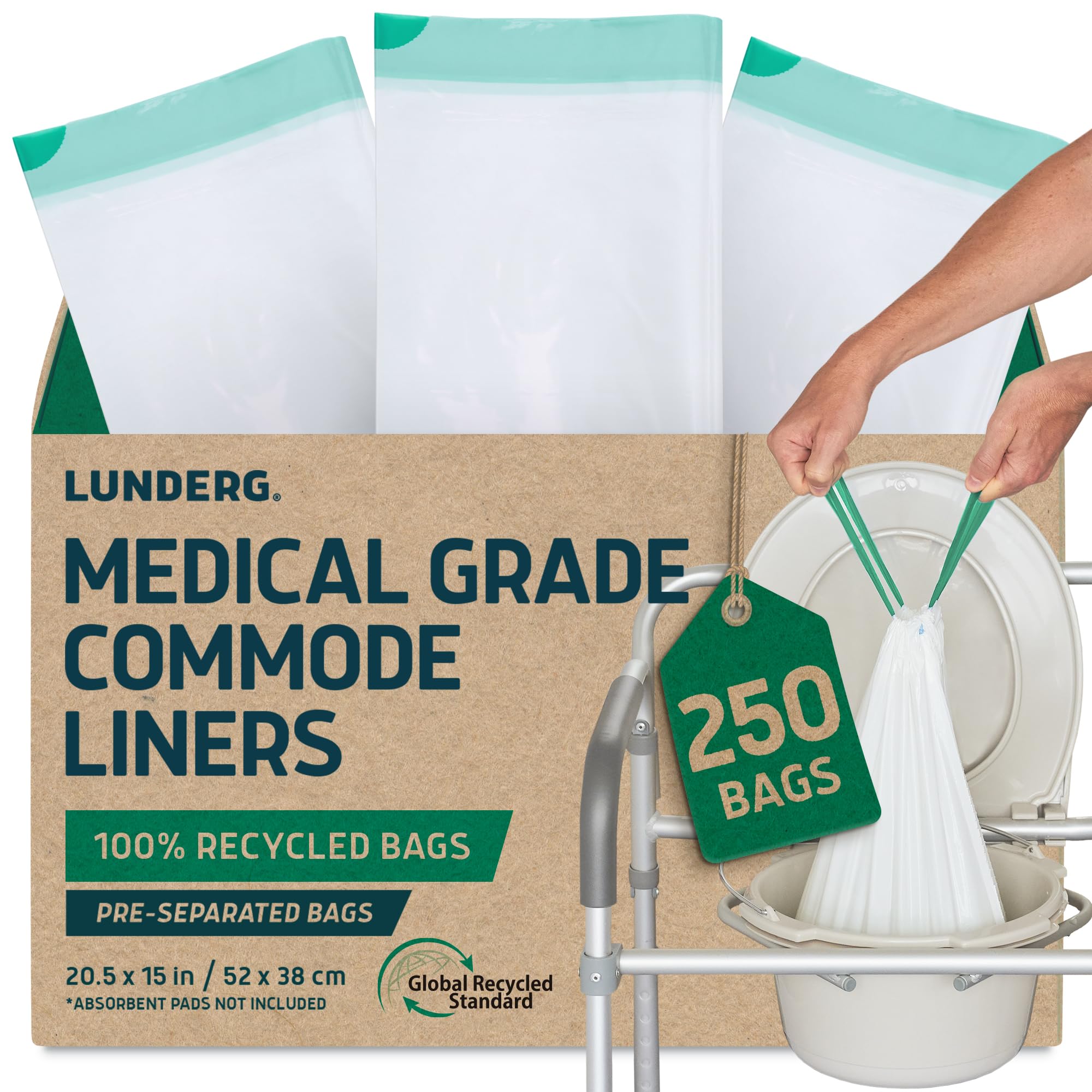 Lunderg Recycled Commode Liners - 250 Environment Friendly Portable Toilet Bags - Medical Grade Bedside Commode Liners Disposable - Universal Fit & Easy to Use - Absorbent Pads Not Included