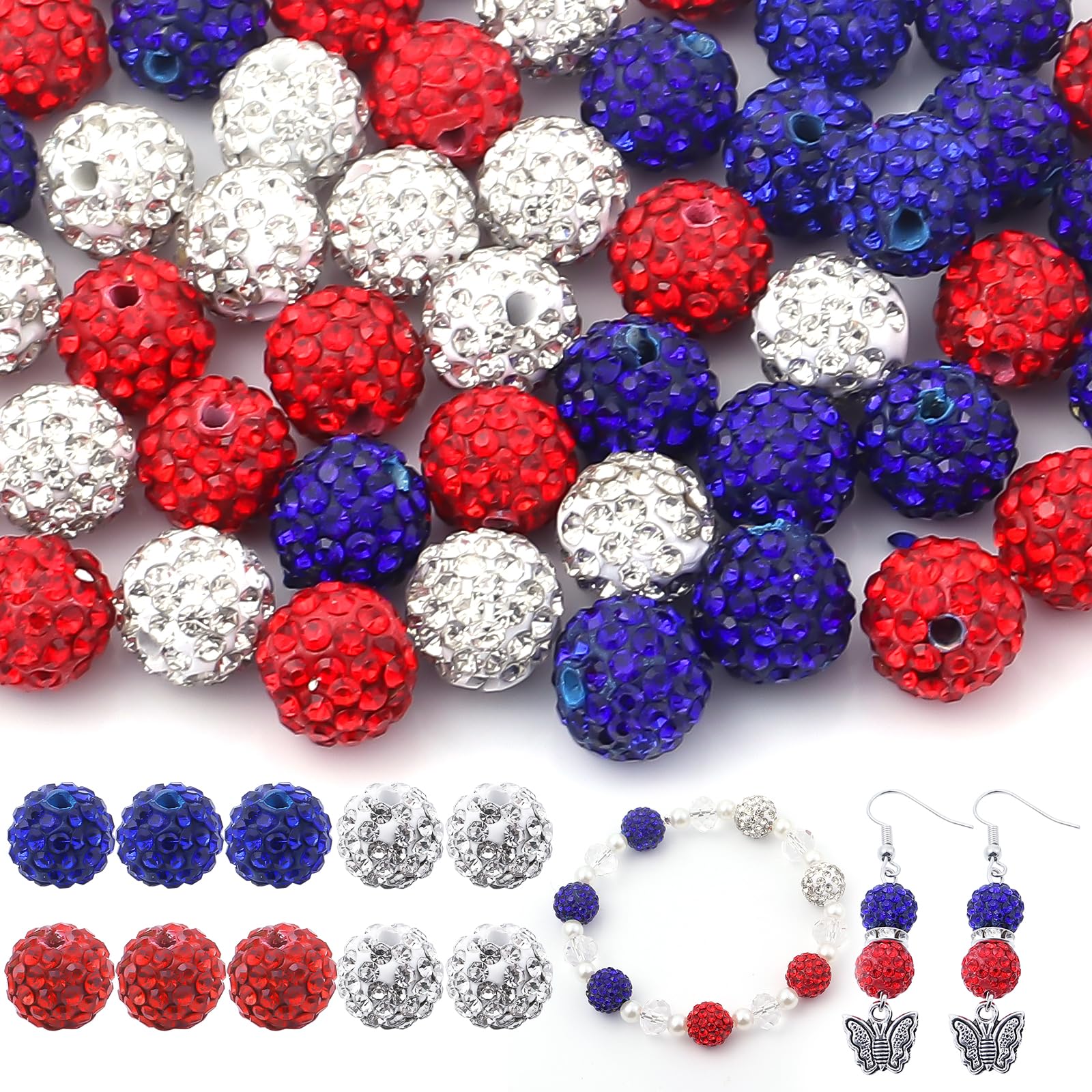 Photo 1 of 100Pcs Independence Day Style Rhinestone Beads 10mm for Jewelry Making, Bling Sparkle Rhinestone Clay Beads for Necklace Bracelet Earring Making and DIY Decoration (Independence Day)