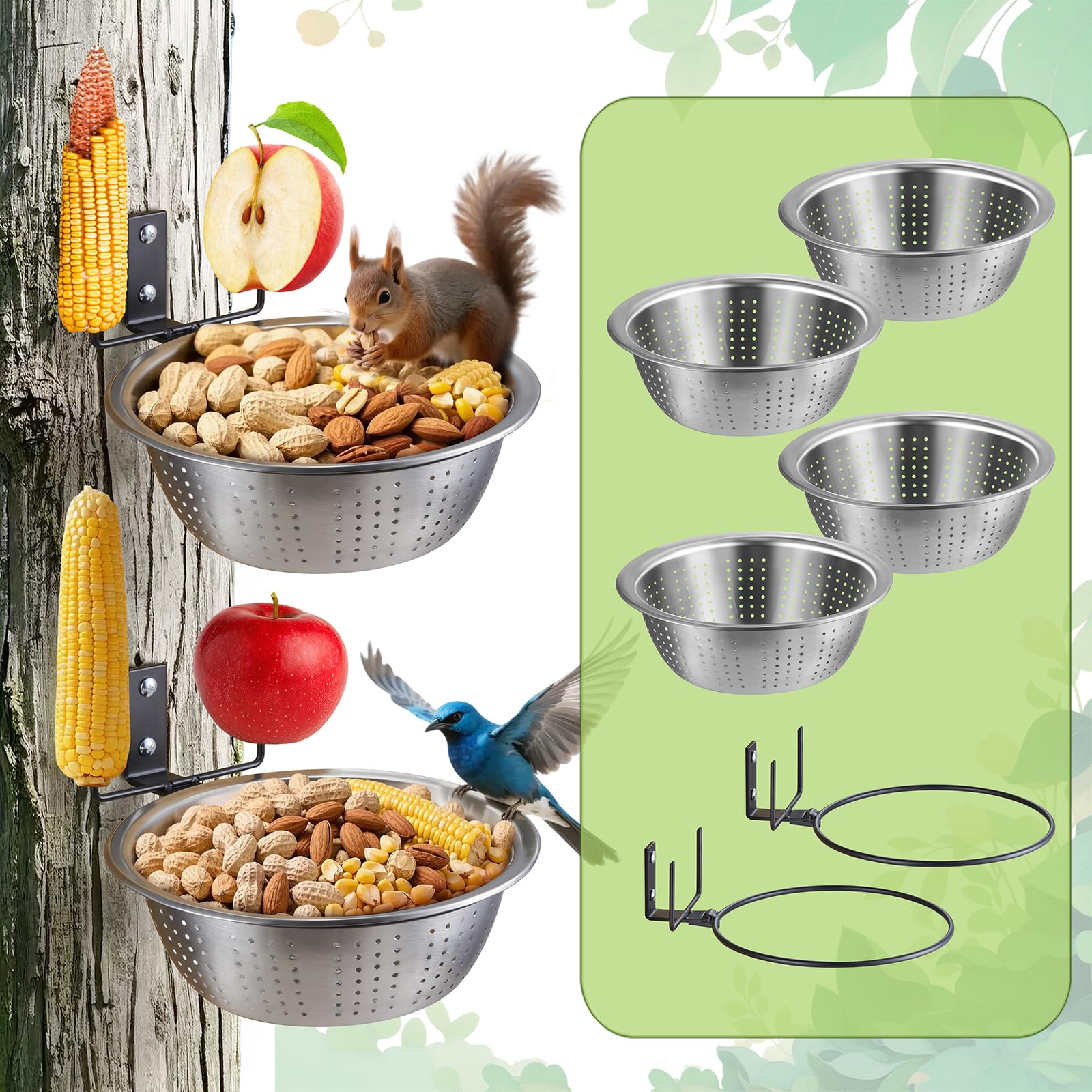 Photo 1 of TKMSV 2 Pack Squirrel Feeders, Add 2 Colander Bowls (Each 8.5"/1.4L) for Replacement, Dual Corn Cob Spikes for Multi-Food, Metal Squirrel Feeders for Outside, Removable Bowl Nice to Clean/Refill