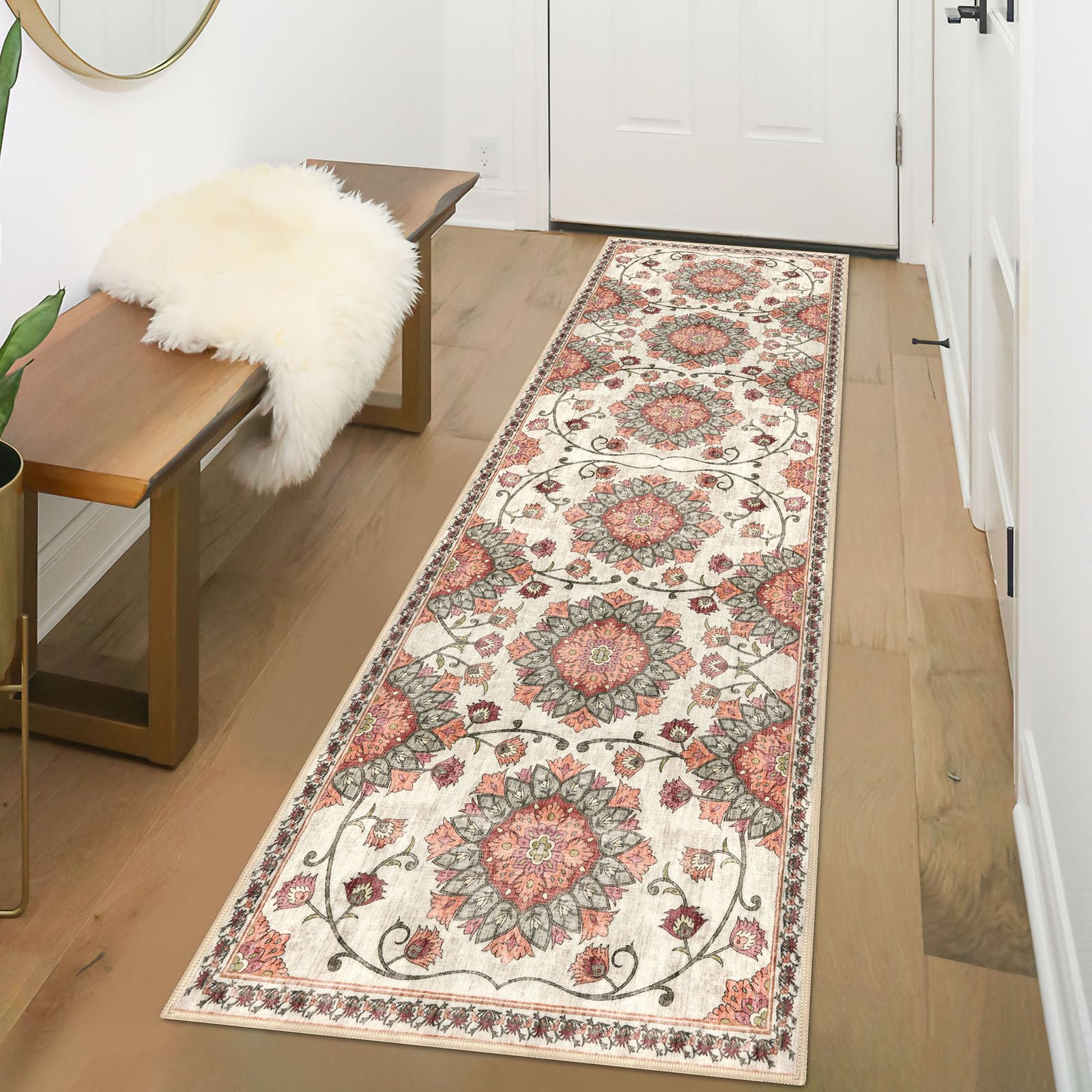 Photo 1 of Alfasoft Washable Runner Rug 2x6, Non-Slip Floral Runners for Hallways Modern Kitchen Rugs with Print Flower Ultra Thin Soft Low-Pile Floor Carpet for Bedroom Laundry Stairs Coral Home Decor Mat