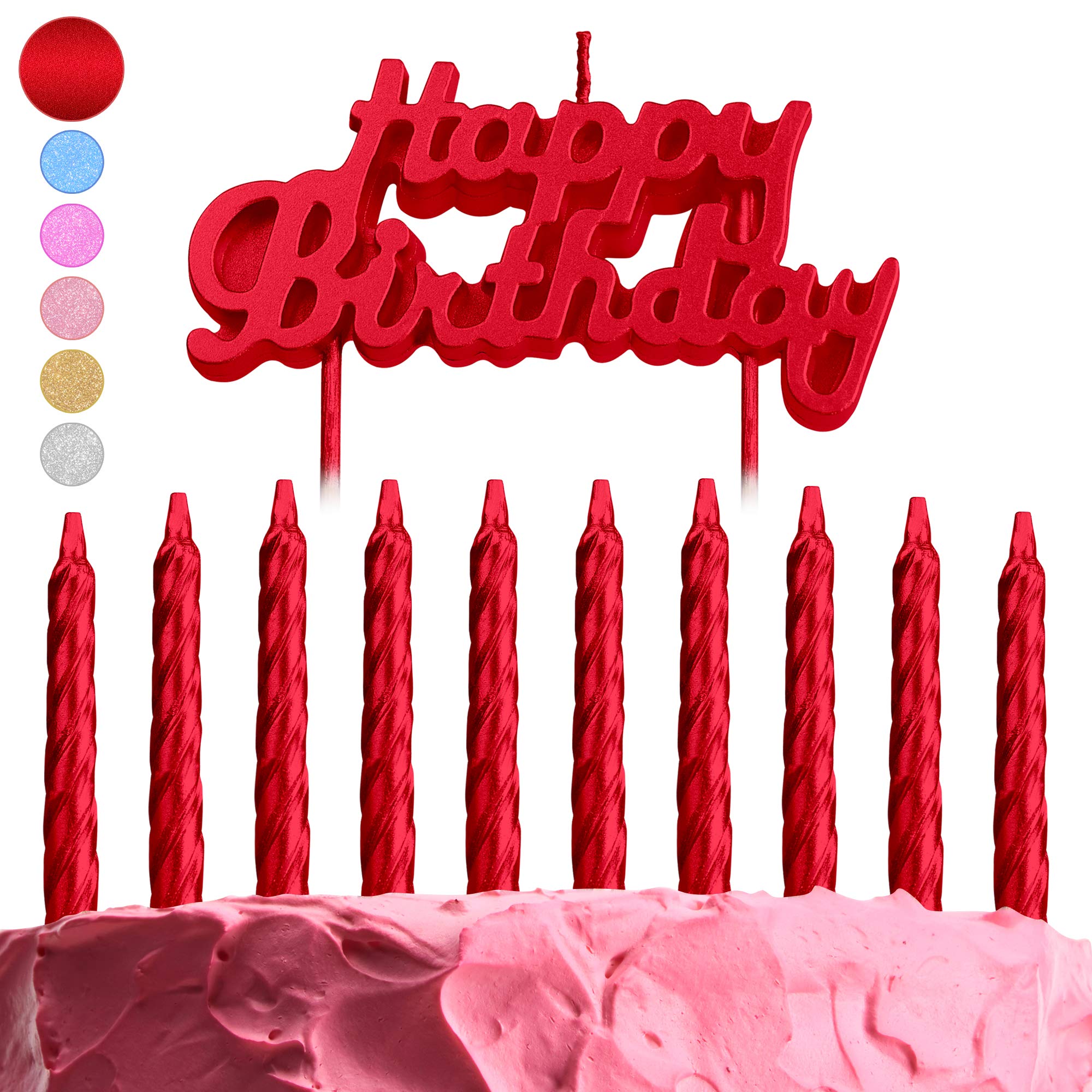 GET FRESH Red Birthday Cake Candles Set 10-Pack Spiral and Happy Birthday Cake Topper Elegant Bday and Letter Cake Decoration Unique Red Birthday Candles Kit