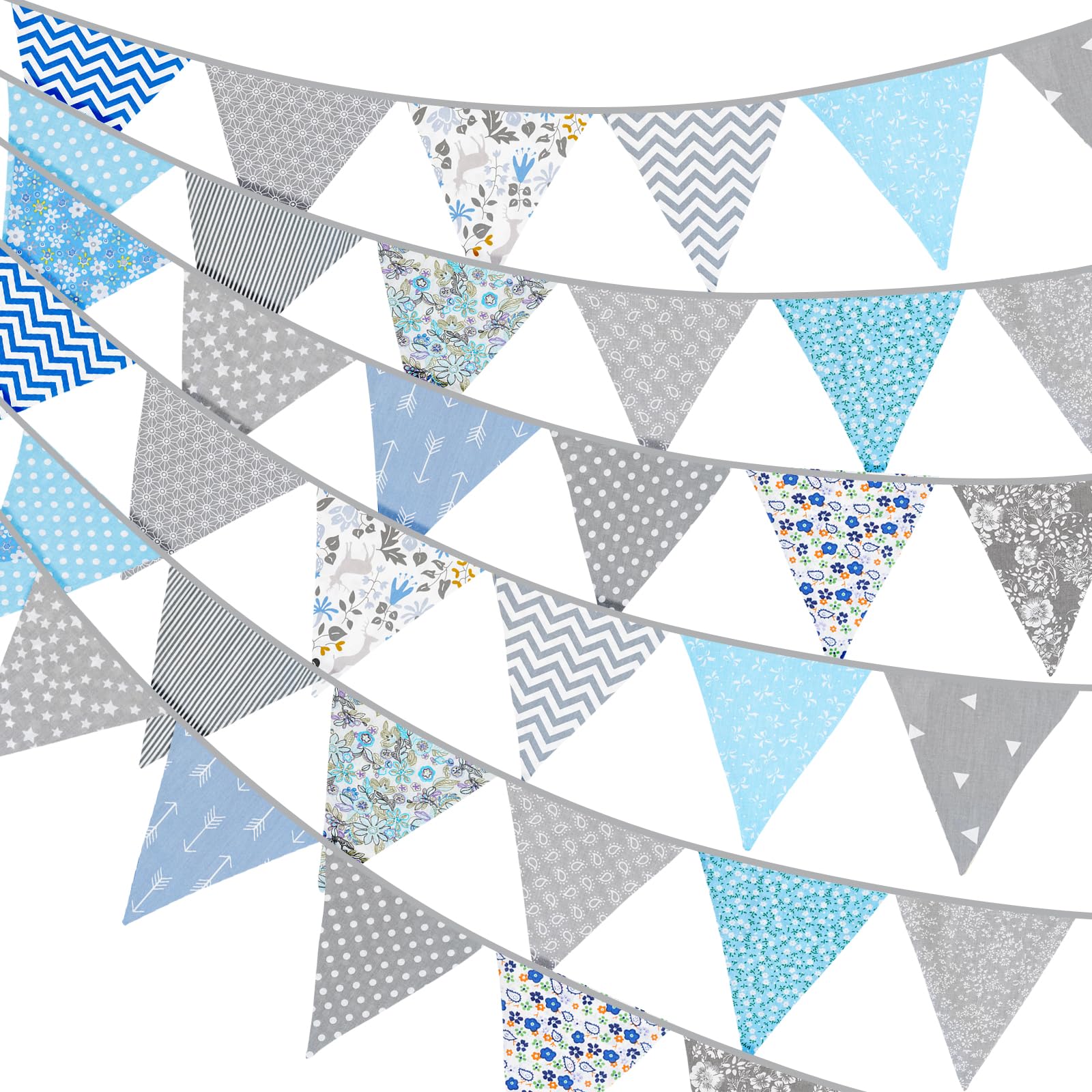 G2PLUS 36PCS Grey and Blue Fabric Bunting Banner: 10M Two Layer Triangle Flag Garland, 17x19CM Double Sided Large Floral Pennants for Wedding Birthday Parties Decoration
