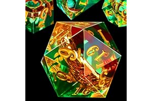 WECOOL Handmade Resin Sharp Edge DND Dice Set 7pcs for D&D RPG, Luminous Polyhedral Dice with Golden Ring Infusions in Green, Role Playing Game Polyhedral Dice Set with Box