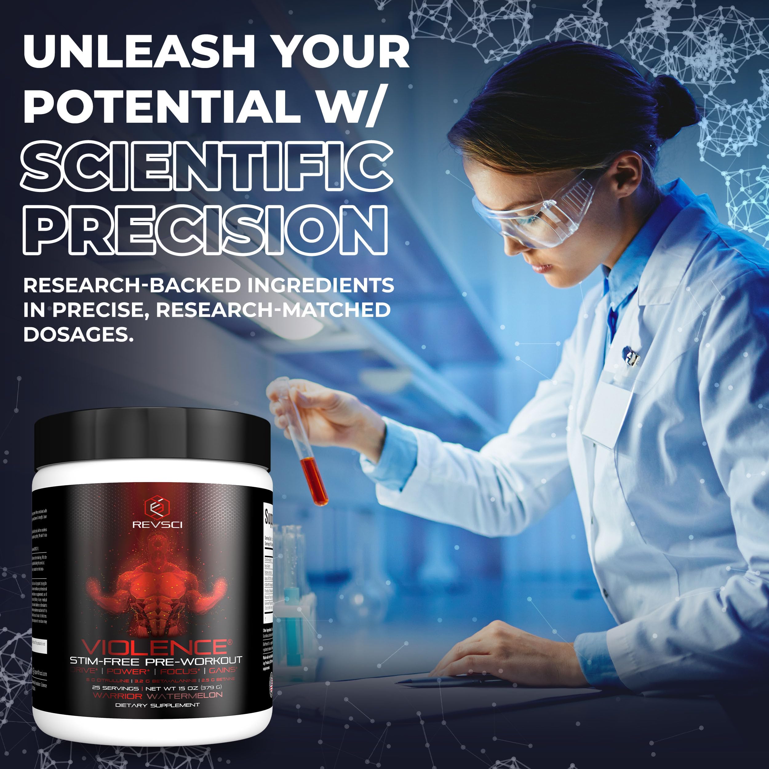 VIOLENCE Stim Free Pre Workout Powder by REVSCI, Precision Dosed Non Stim Preworkout Pump Pre Workout Caffeine Free Pre Workout Powder, Pump Supplement & Stimulant Free Nitric, Watermelon, 25 Servings