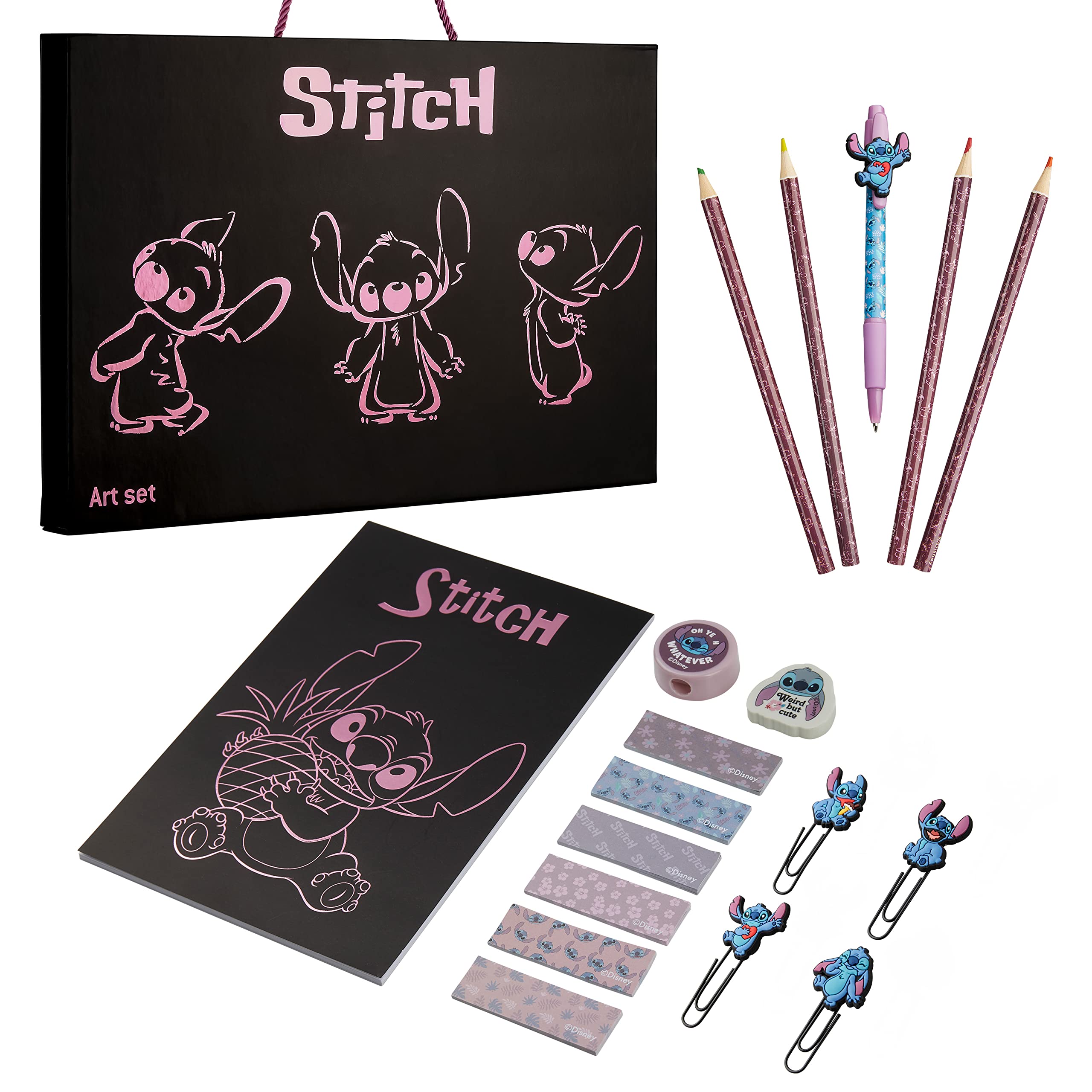 Disney Stitch Art & Stationary Supplies Gifts for Women & Girls, Notepad, Paper Clips, Pencils & Accessories, Home, Office & School Stationery Set, Journaling Scrapbooking Essentials (Black)