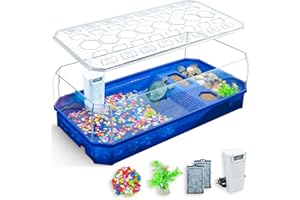 Binano Aquatic Turtle Tank Habitat Kit Stone+Filter+Heat Lamp Enhancing Interaction with 360° Viewing, Standalone Filtration, DIY Creative Zone, Enriched Living (Blue, L[Without Light])