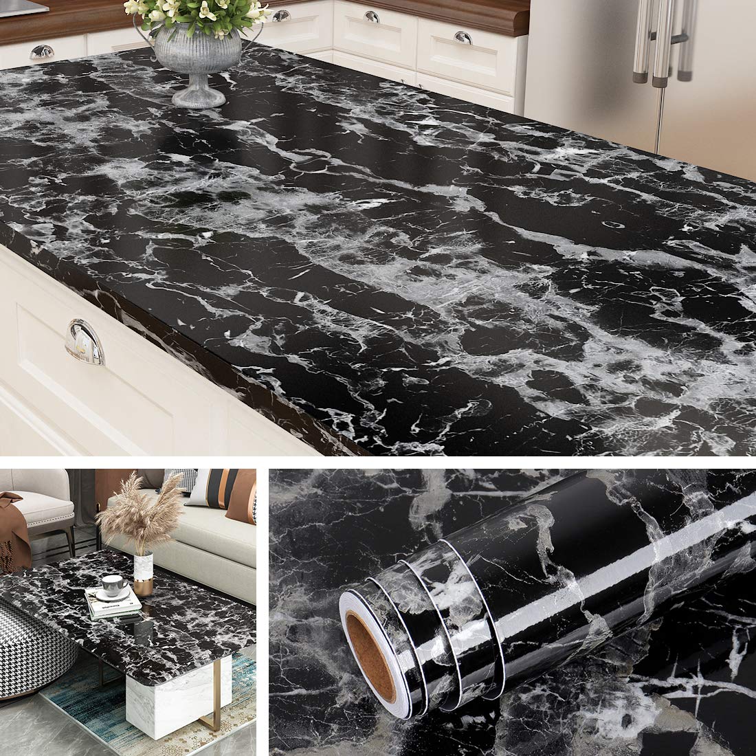 Photo 1 of Livelynine 24x197 Black Countertop Peel and Stick Countertops Waterproof Black Marble Contact Paper Self Adhesive Wallpaper Renter Friendly Counter Top Covers Waterproof Kitchen Vinyl Wrap Desk Table