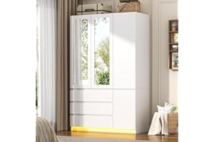jiteentarou 3 Doors Armoire Wardrobe Closet with 3 Drawers & Mirror, Modern Wooden Bedroom Armoires with Hanging Rod Led Lights for Bedroom, White