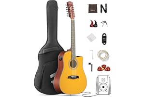 FESLEY T 12 String Guitar: 42" Full Size Acoustic Electric Guitarra Acústica Built In 4 Band EQ, Spruce Top Mahogany Back, Beginner Electric Guitar Kit for Adults, Guitarra de 12 Cuerdas, Matte Natural Yellow