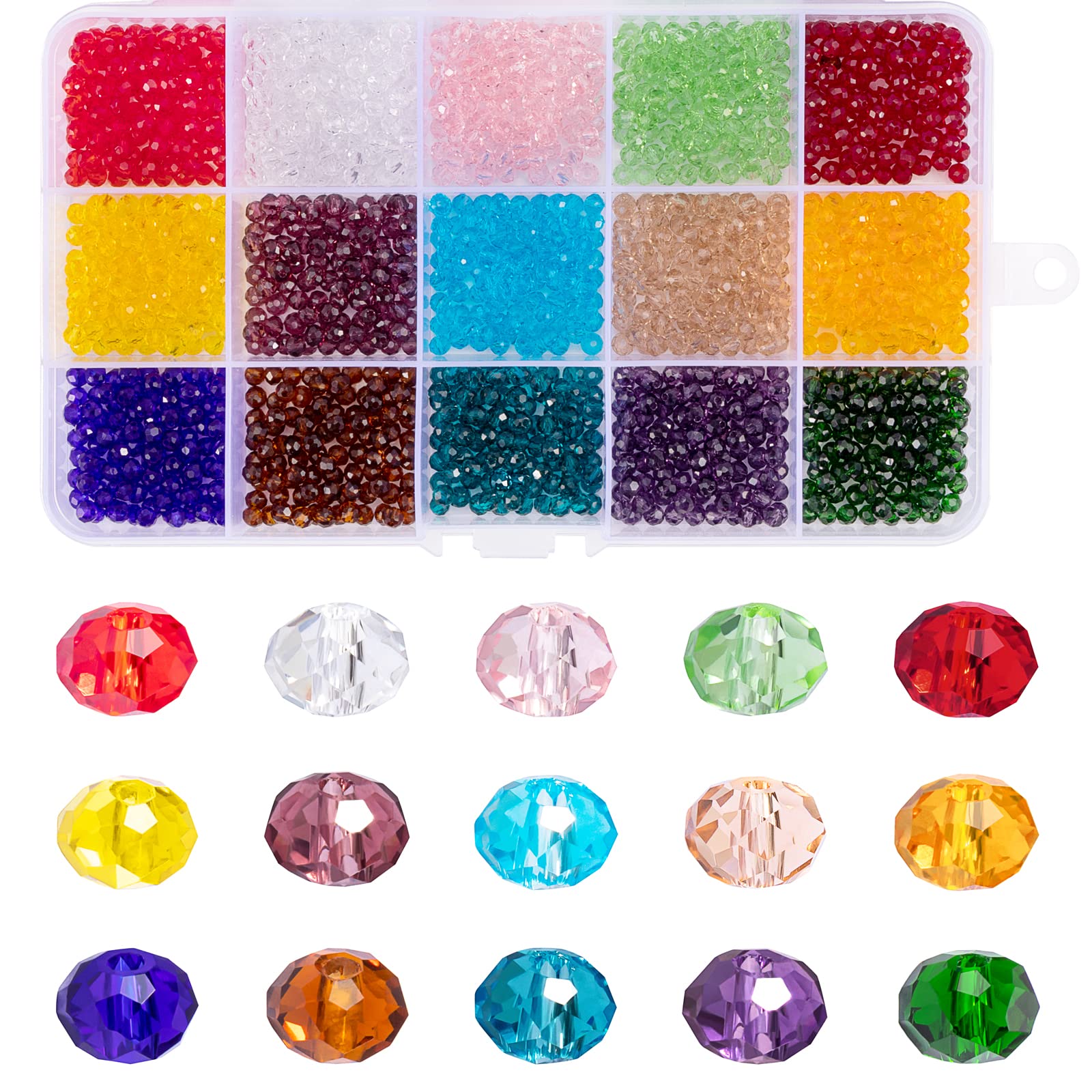 MissAudrey 1500pcs 4mm Wholesale Briolette Faceted Rondelle Crystal Glass Beads Jewellery Beads for Bracelet Necklace Jewelry Making DIY Craft Project with Container Box (15 Colors)