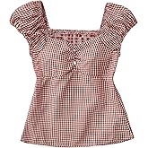 SOLY HUX Girl's Plaid Gingham Tops Sweetheart Neck Puff Sleeve Peplum Cute Summer Blouse