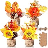 Mimorou 4 Pcs Fake Thanksgiving Fall Potted Plants Faux Potted Flowers with Artificial Pumpkin Sunflower Maple Leaf Berry Bouquet for Autumn Harvest Home Tabletop Centerpiece Decor(Cute)
