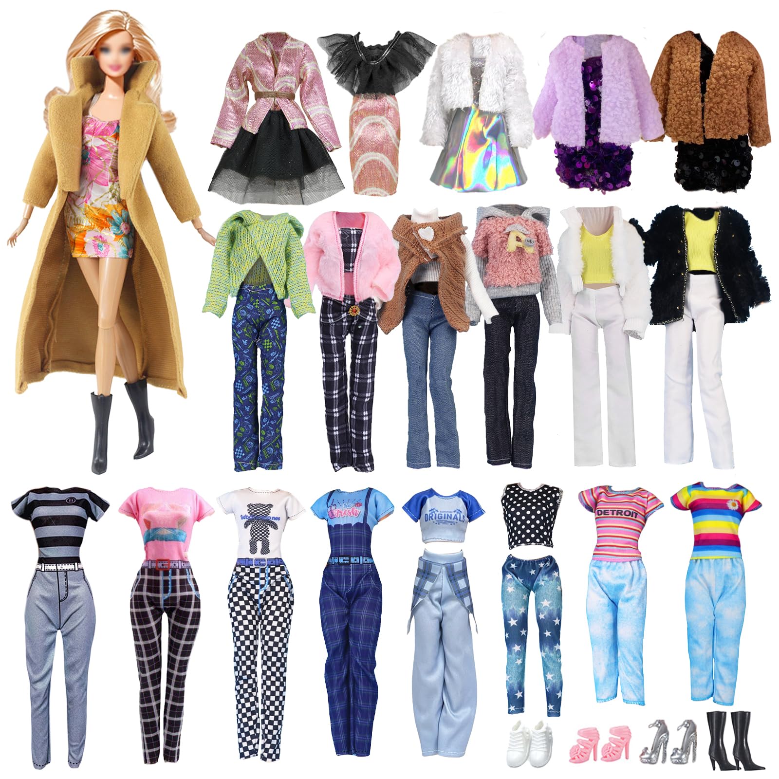 14 PCS Doll Clothes Outfit Compatible with Barbie 11.5 Inch Doll, Fashion Doll Clothes with 1 Brown Coat 2 Skirts 3 Jackets 1 Half Skirt 1 Pinafore Sress 1 Trousers 1 Jumpsuit 4 Shoes, Random Style