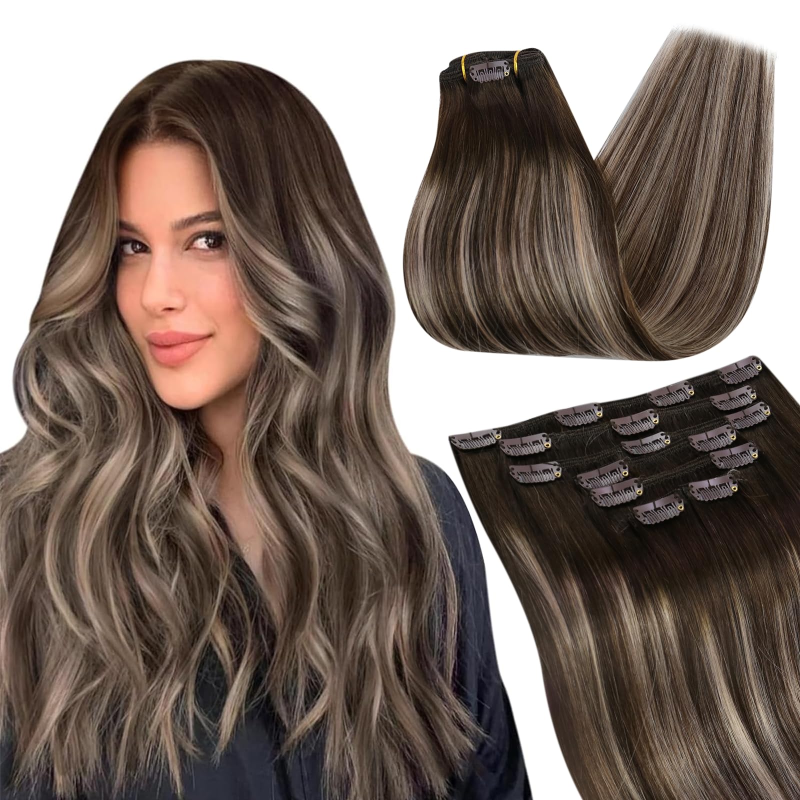 Ugeat Human Hair Clip in Extensions 22 Inch Balayage Clip in Hair Extensions Chocolate Brown Mix Ash Blonde Real Human Hair Extensions Clip ins for Beginners 7pcs 120g