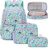 Fimibuke Kids Backpack for Girls, Waterproof Toddler School Bag Cute Bookbag Set with Lunch Box & Pencil Case for Preschool Kindergarten Elementary School Student Ages 3-12, Mermaid, 3PCS