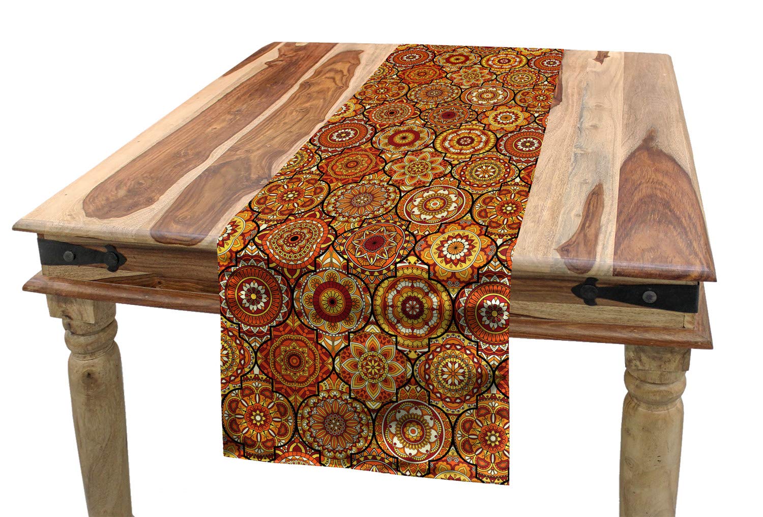 ABAKUHAUS Moroccan Table Runner, Vintage Hand Drawn Style Ottoman Trellis Floral Motifs, Dining Room Kitchen Rectangular Runner, 40 cm x 300 cm, Orange Yellow Brown