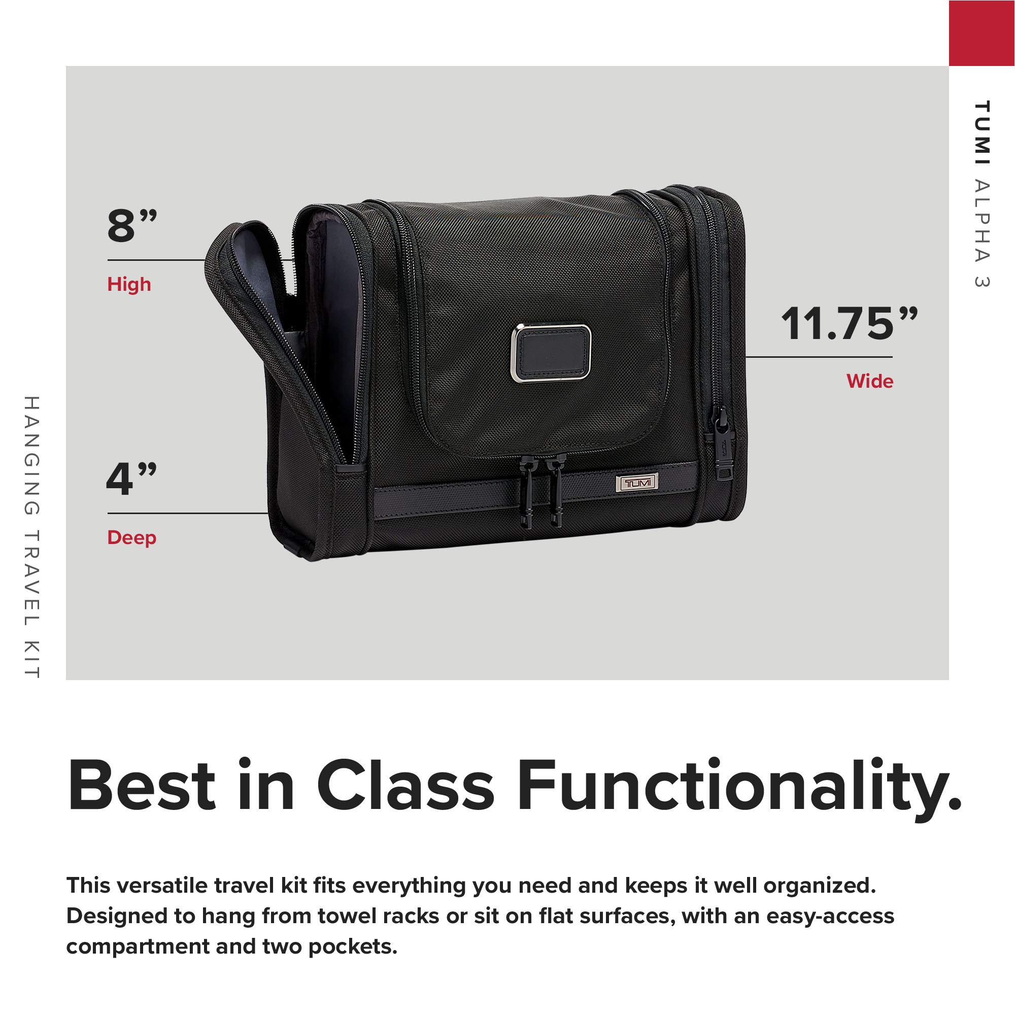 TUMI Alpha Hanging Travel Kit - Toiletries and Cosmetics Organizer - Travel Essentials Bag with Hooks & Pockets - Black