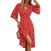 SweatyRocks Women's Half Sleeve Floral Print Wrap Dress Boho V Neck Flowy A Line Midi Dresses
