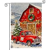 HOMETITUTE Merry Christmas Garden Flag Double Sided 12x18 Inch Burlap Winter Garden Flag Red Barn Truck With Christmas Tree Scene Seasonal Flags Xmas Holiday Flags For Lawn Decoration