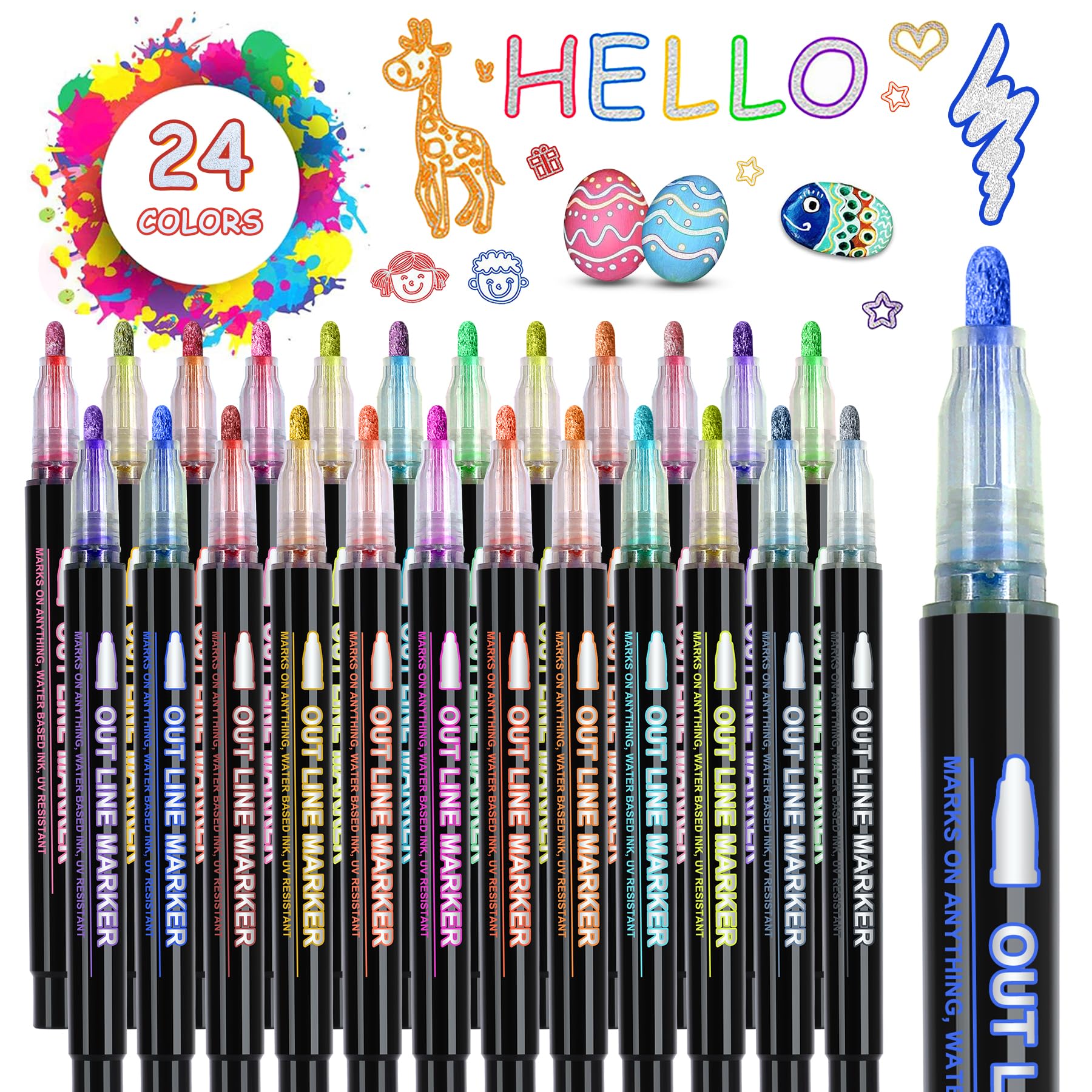 iaHOME Glitter Outline Pens, 24 Double Line Colors Outline Markers Pens for Arts and Crafts, DIY Projects, Greeting Cards, Gifts for Teenage Girls