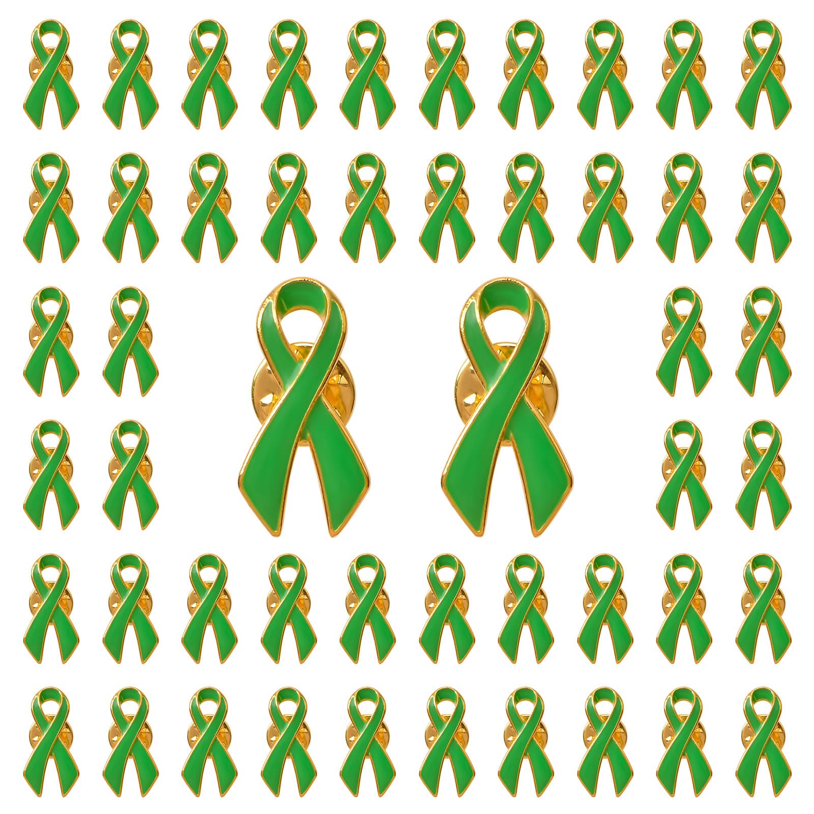 WANDIC 50 Pcs Green Ribbon Pins, 3D Alloy Mental Health Awareness Ribbon Badges Liver Cancer Awareness Ribbon Brooches for Fundraising Public Welfare Activities
