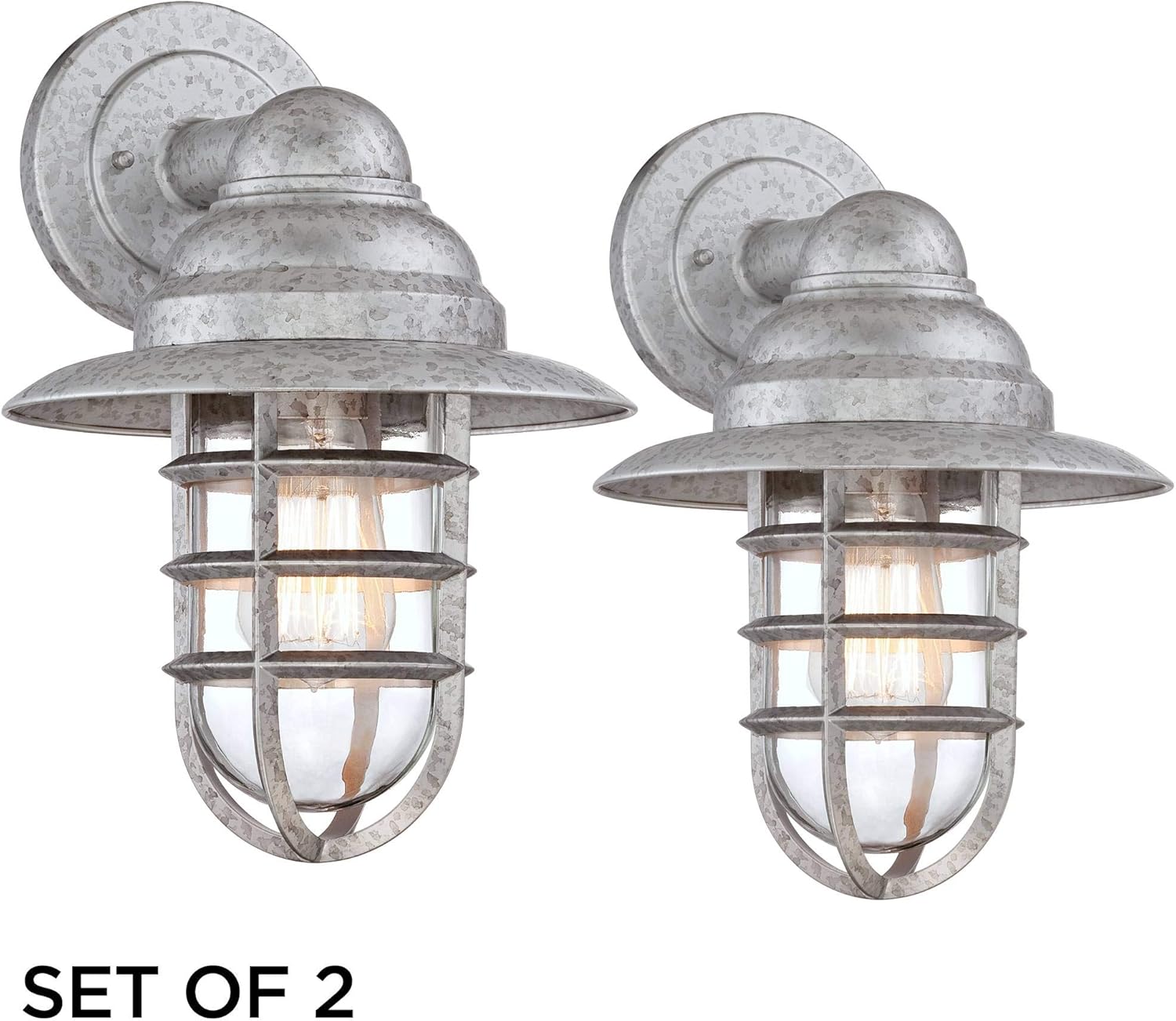 Marlowe Industrial Farmhouse Outdoor Wall Light Fixtures Set of 2 Galvanized 13 1/4" Hooded Cage Clear Glass for Exterior Barn House Porch Patio Deck - John Timberland