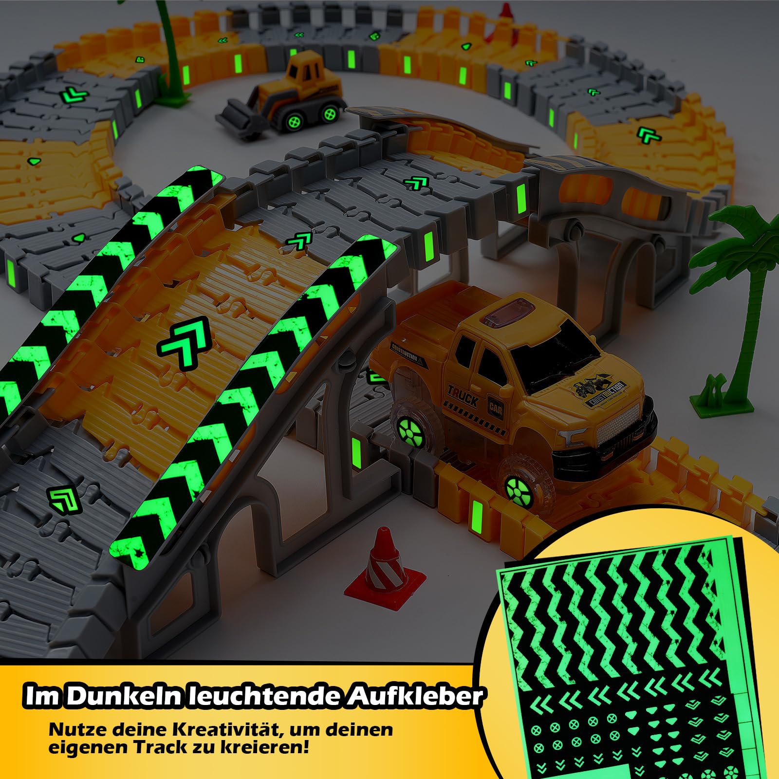 Autorennbahn ab 3 4 5 6 7 8 Jahre, 264 Stück 5 Cars Bagger Spielzeug Autorennbahn Rennbahn 2 Glow Elektroautos,3 Bauwagen,Flexibles DIY Gleis-Set Flexible Track Kran Spiele (Rennbahn) 2