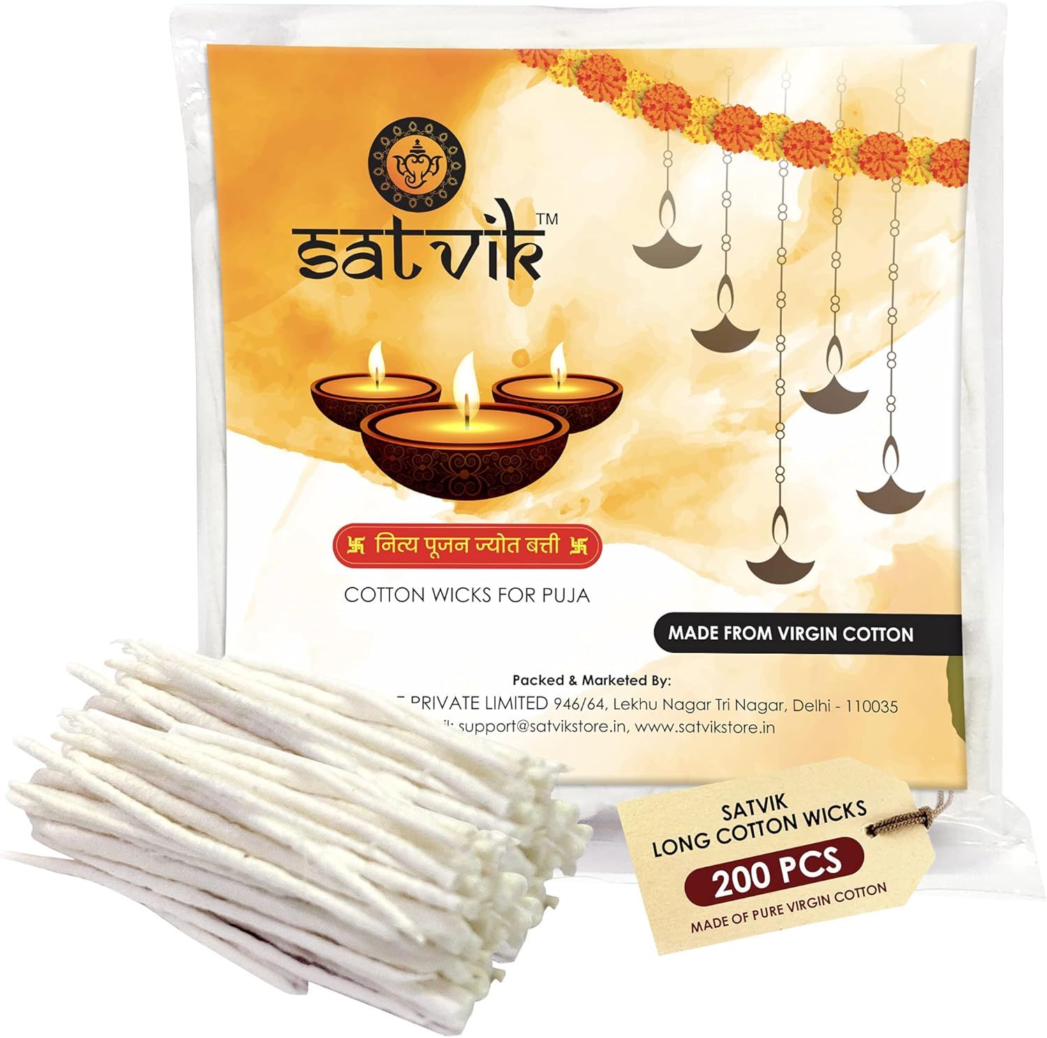 Oil Lamps & Accessories - Satvik 200 Pcs Handmade Long Cotton Wicks Made from Virgin Cotton for Pooja Jyot Batti for Diwali Deepawali Pujan Diya Batti Religious Akhand Oil Lamp Hindu Mandir Pooja Accessories