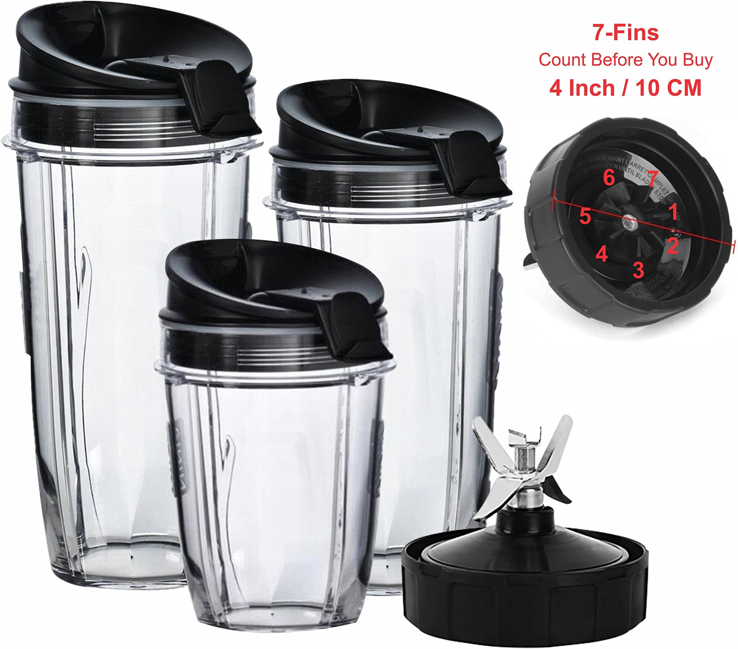 Nutri Ninja Blender Cups and Blade (7-FINS ONLY) Set | 7-Piece Replacement Parts & Accessories for Nutri Ninja Auto iQ BL482 BL642 NN102 BL682 BL2013 Blenders