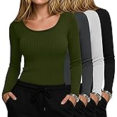 Yearntown 4 Pack Women’s Underscrub Shirts, Ribbed Cotton Scrub Tops Long Sleeve Scoop Neck Tees Slim Fit Basic Layer Shirts