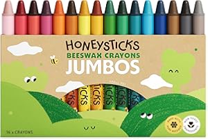 Honeysticks Jumbo Crayons (16 Pack) - Non Toxic Crayons - 100% Pure Beeswax and Food Grade Colors - 16 Bright Colors - Large, Easy to Hold and Use - Preschool Art Supplies for Toddlers/Kids 3-5, 4-8
