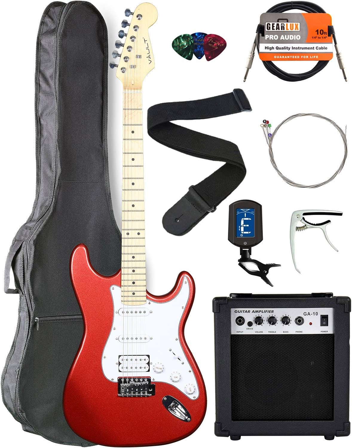 Vault Electric Guitar with Maple Neck Bundle with Gig Bag, 10w Amp, Strap, Tuner, Strings, Instrument Cable, Capo, and Picks - Metallic Red