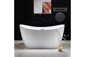 WOODBRIDGE 59" Acrylic Freestanding Bathtub Contemporary Soaking White Tub with Oil Rubbed Bronze Overflow and Drain，B0016 -ORB-Drain &O