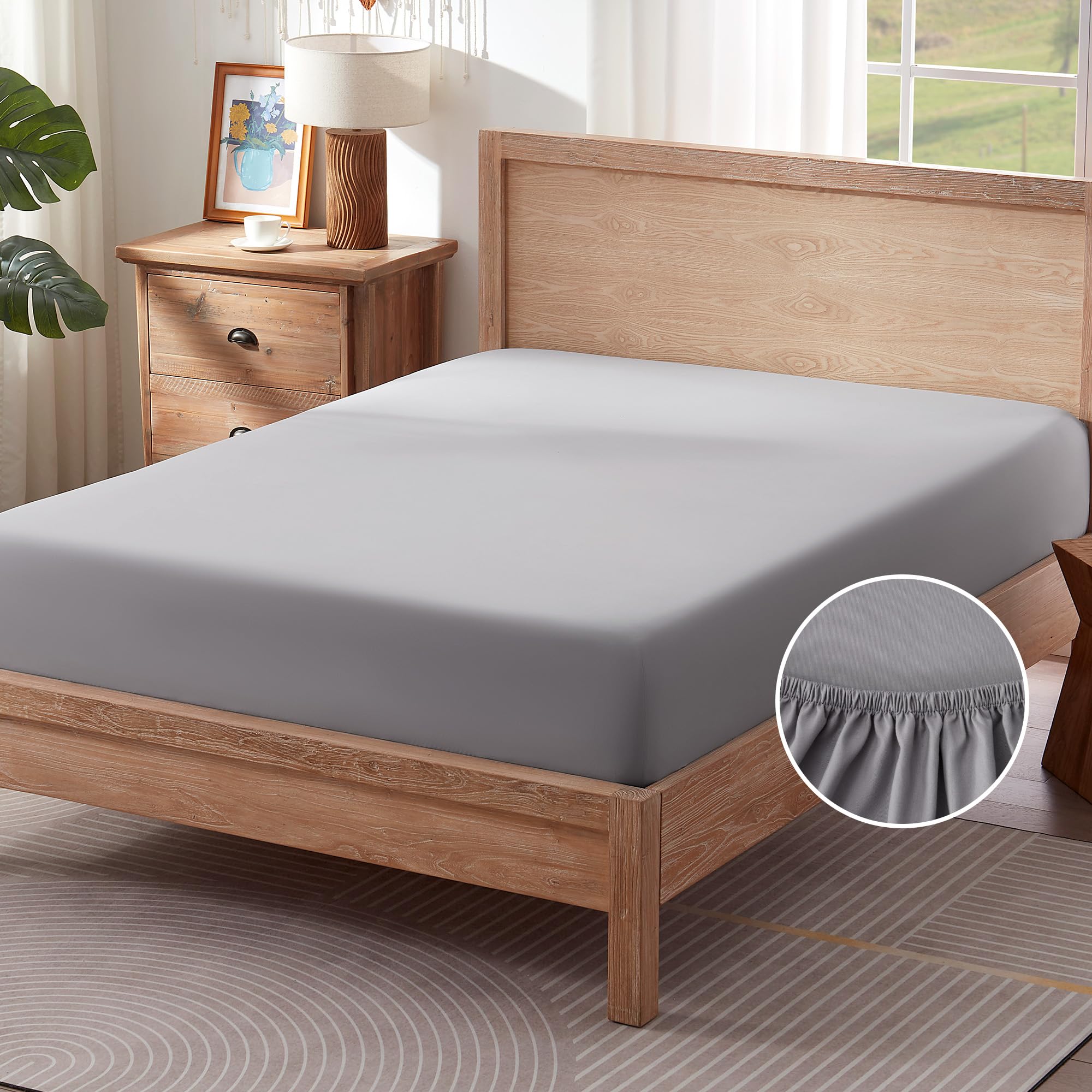 Sonive Fitted Sheet Soft Brushed Polyester, Deep Pocket 11 inch (30 cm),Fully Elasticated,Easy Care, for Children, light gray,90x190cm