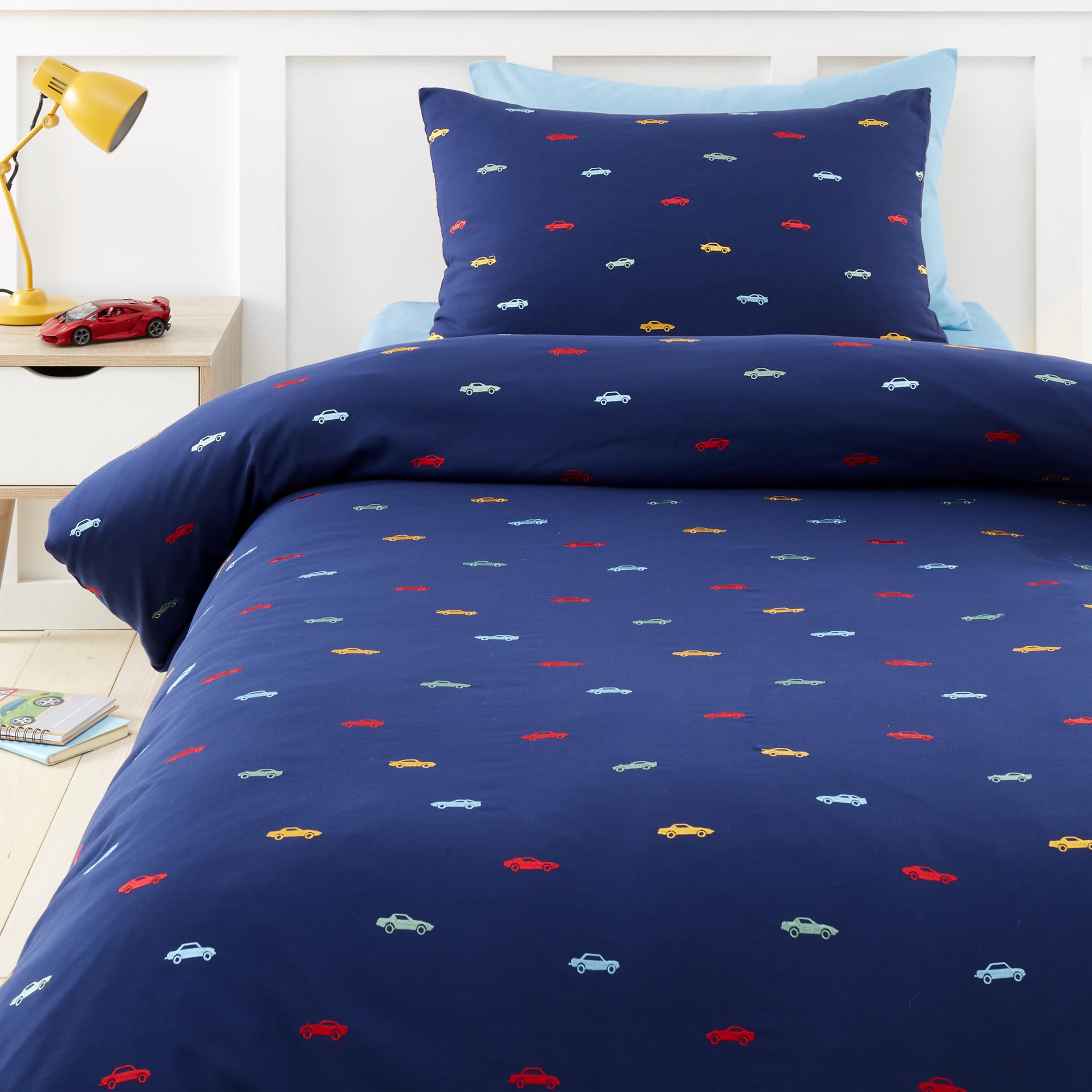 Catherine Lansfield Embroidered Cars Soft Microfibre Single Duvet Cover Set with Pillowcase Blue