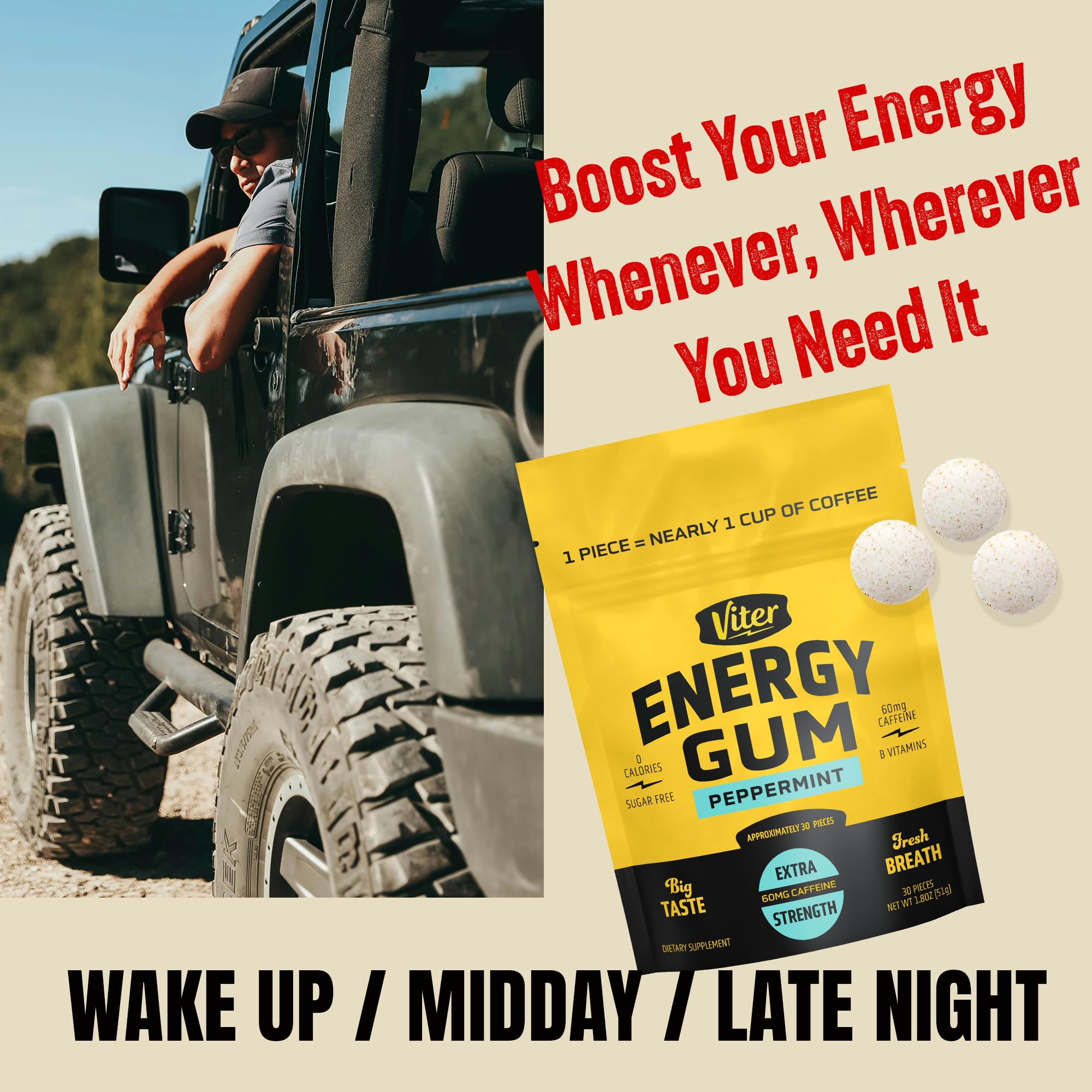 Viter Energy 60mg Caffeine Gum (Peppermint Flavor, 30 Pieces) - Sugar Free, Vitamin B3, B6, B9, B12, Zero Calories, Caffeinated Energy Chews, Nootropic Focus Supplement for Men & Women