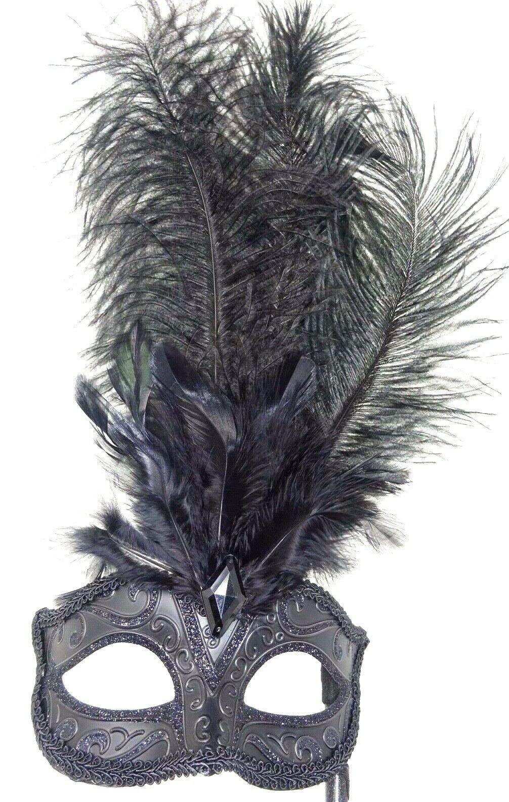 LADIES MIDNIGHT BLACK VENETIAN MASQUERADE HALLOWEEN CARNIVAL PARTY EYE BALL LONG FEATHER MASK ON A STICK