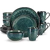 vancasso Starry Dinnerware Set for 4, 16 Pieces Handmade Reactive Glaze Stoneware Plates and Bowls Sets with Mugs, Dishwasher and Microwave Safe Dish Set, Green