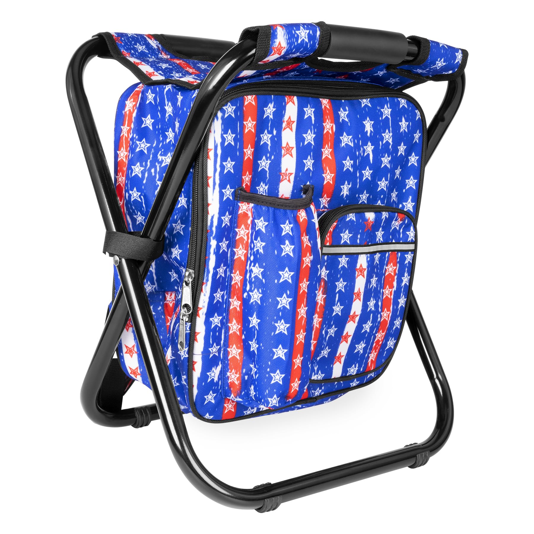 Kikerike Backpack Stool Cooler Chair Heavy Duty 300 LBS Max Load Portable Lightweight Stool Backpack Folding Fishing Cooler Seat for Camping Hunting Fishing - American Flag Image