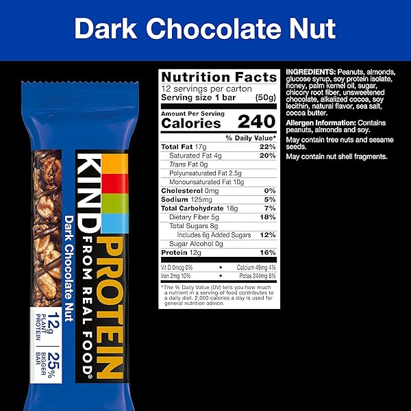 KIND PROTEIN BARS, DOUBLE DARK CHOCOLATE NUT, GLUTEN FREE, 12G PROTEIN,1.76OZ, 12 COUNT