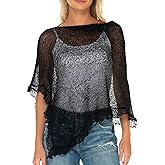SHU-SHI Womens Sheer Poncho Shrug Lightweight Knit Ruffle Pullover Sweater Top