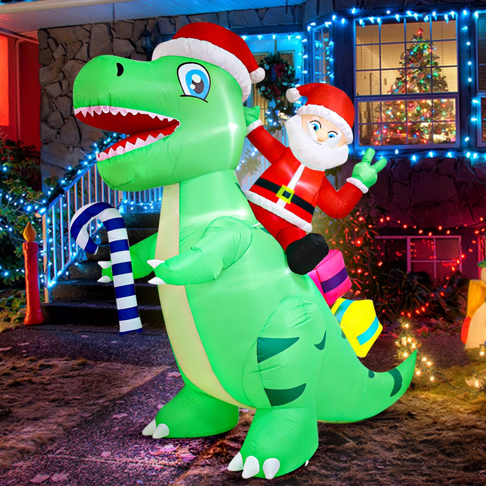 Photo 1 of KABOER 8Ft Tall Christmas Inflatable Decorations, Santa Dinosaur Inflatables Giant Santa Claus Ride on Dinosaur Build-in LED Lights Blow up for Xmas Party Outdoor Home Yard Lawn Decor