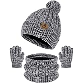 Wenouy Kids Winter Hat Gloves Scarf Set Toddler Winter Beanie with Pom Knit Neck Warmer Fleece Lined Gloves for Boys Girls