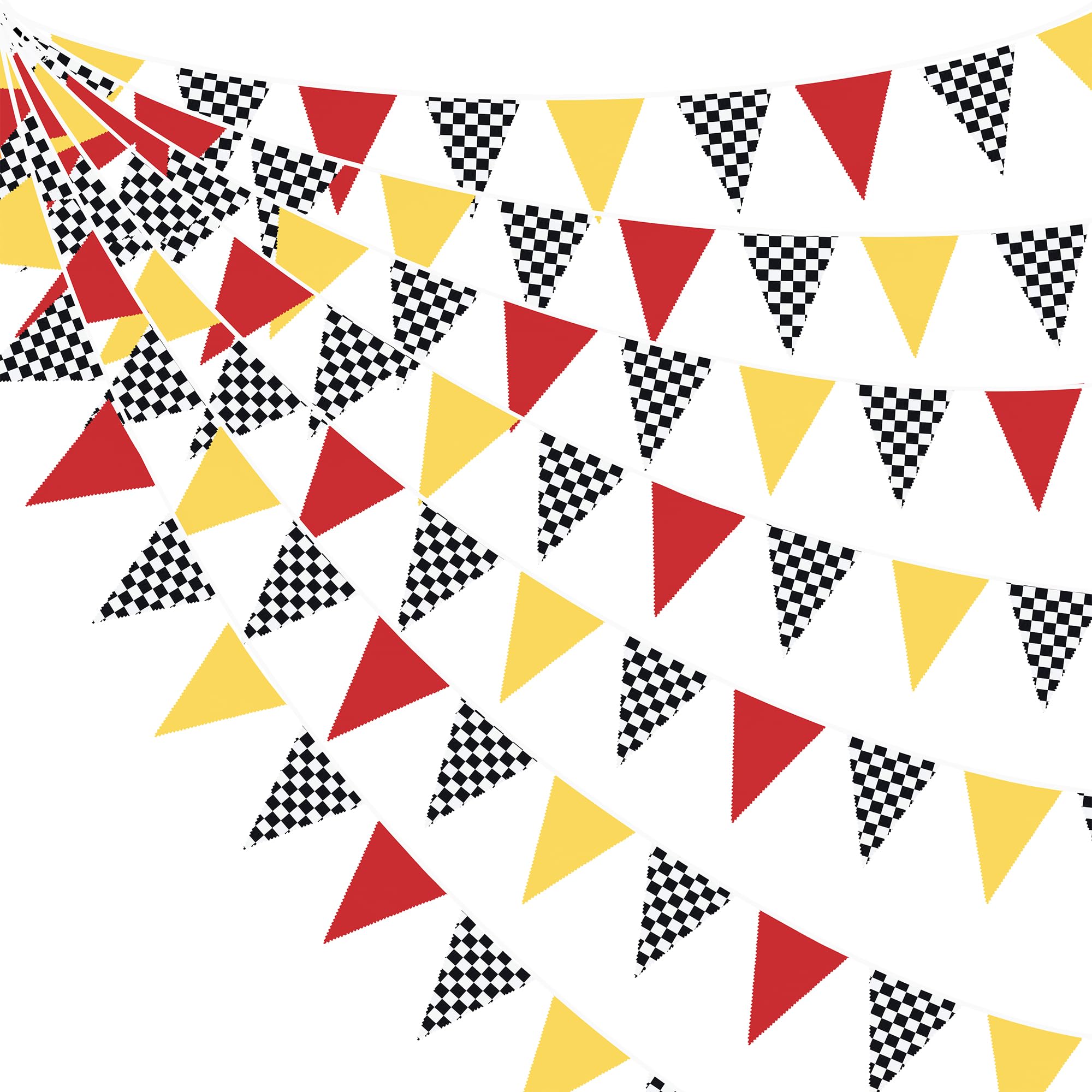 Photo 1 of 32Ft Racing Car Party Decorations Red Yellow Black White Checkered Race Car Triangle Flag Pennant Banner Fabric Garland Streamer for Kids Birthday NASCAR Theme Party Baby Shower BBQ Bar Outdoor Decor