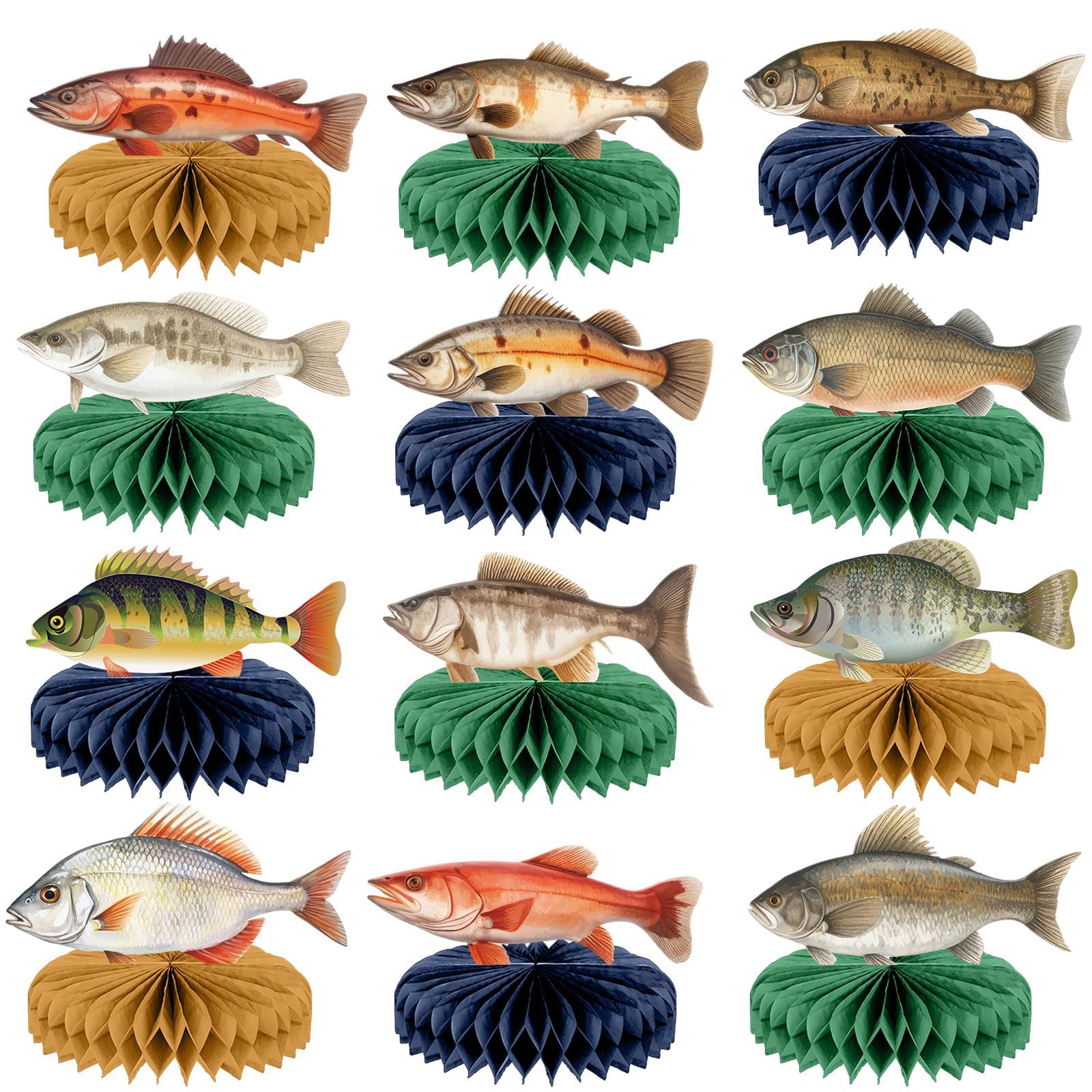 Photo 1 of 12PCS Fishing Birthday Party Decorations Gone Fishing Honeycomb Table Centerpiece Little Fisherman Birthday Party Table Topper for Ofishally One Birthday Fishing Tournament Retirement Party Supplies
