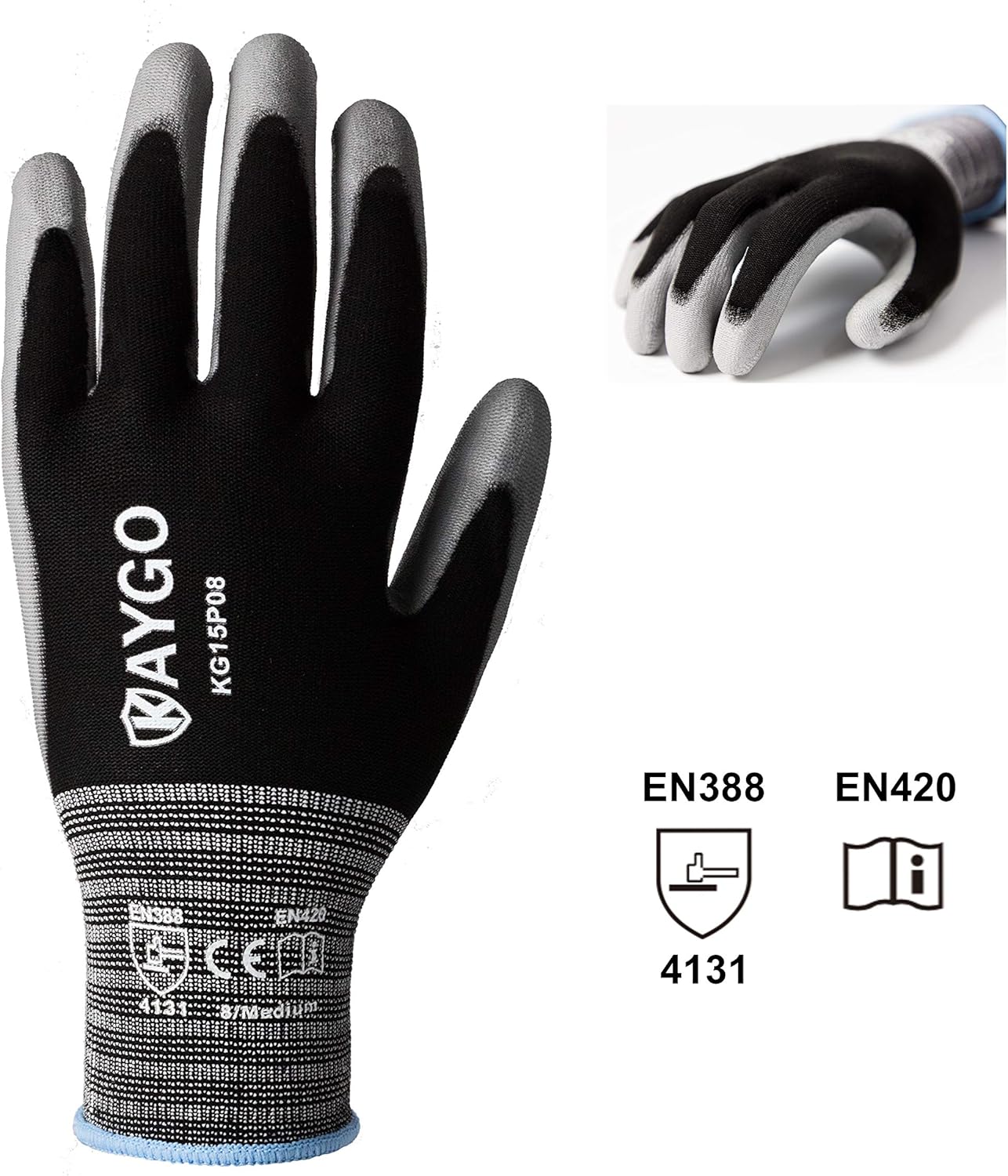 Work Gloves PU Coated-12 Pairs, KAYGO KG15P, Nylon Lite Polyurethane Safety Work Gloves, Gray Polyurethane Coated, Knit Wrist Cuff, Ideal for Light Duty Work (Large, Black) - - 